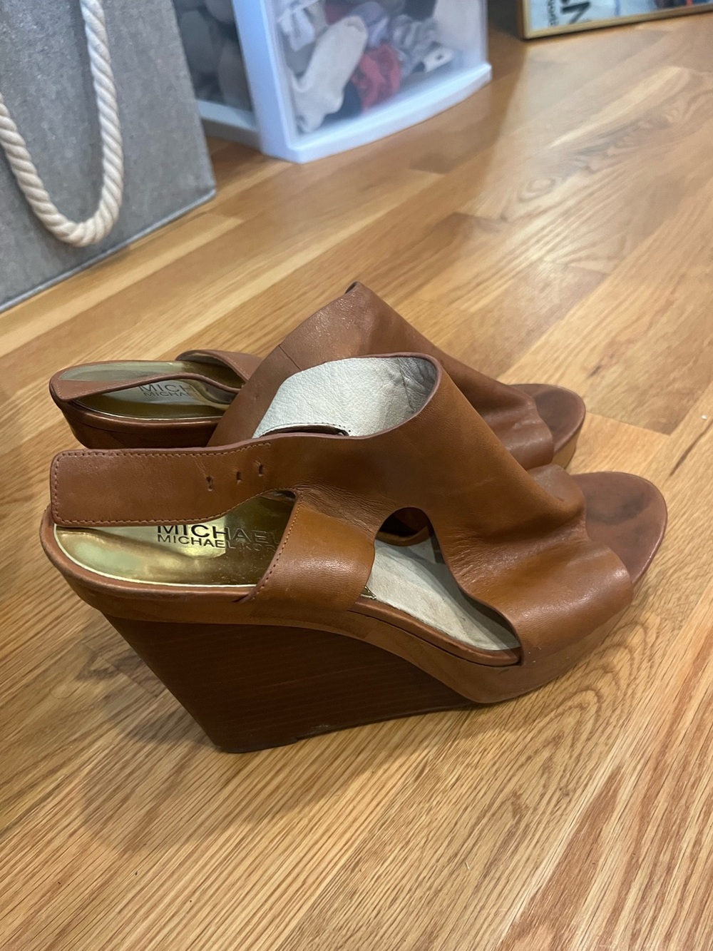 Michael Kors Tan Leather Open-Toe Wedge Sandals